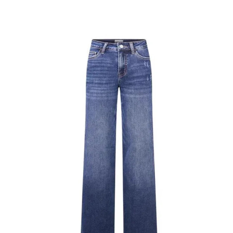 Wide-leg blue denim jeans with high waist and slight distressing on a white background