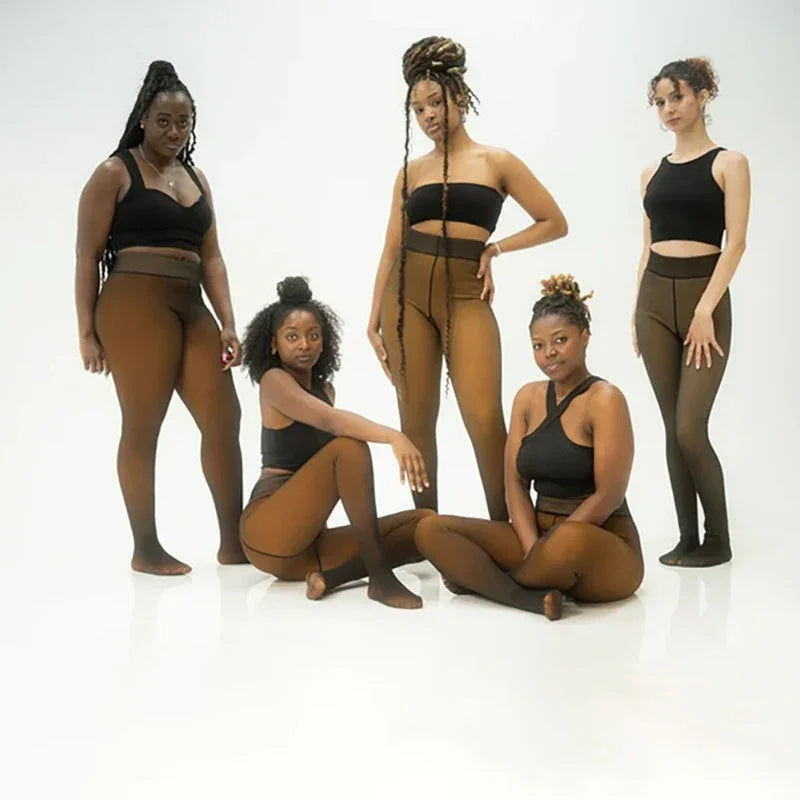 Five diverse women modeling brown leggings and black crop tops in a studio with white background