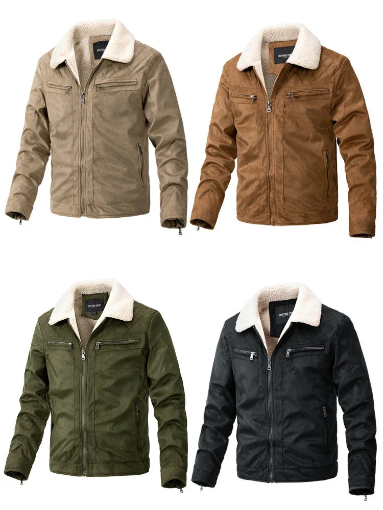 Men's suede bomber jackets in beige, brown, green, and black with white sherpa collars