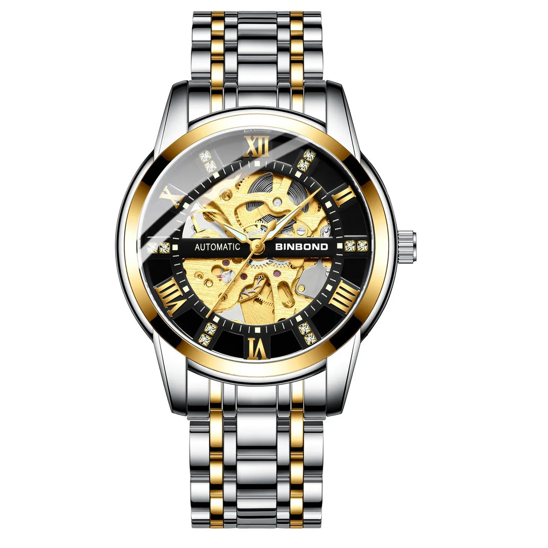 BINBOND automatic luxury men's wristwatch with gold and silver skeleton dial and metal band