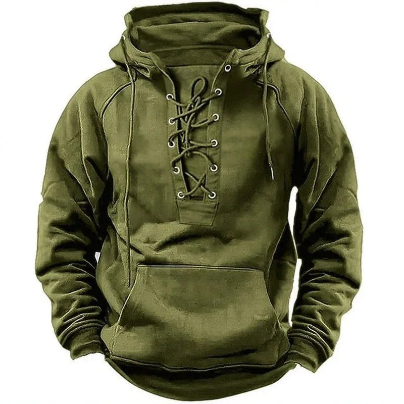 Olive green hooded sweatshirt with lace-up front and kangaroo pocket, casual men's hoodie