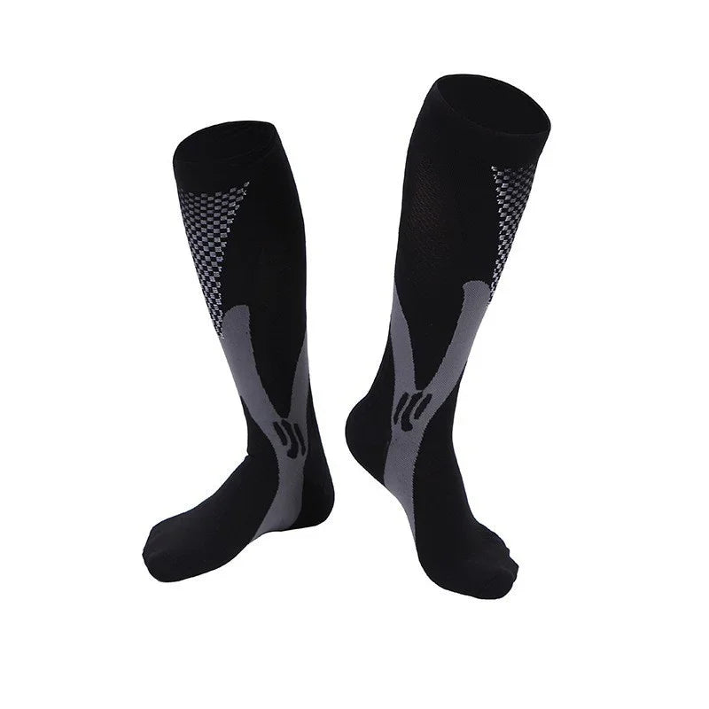 Pair of black and gray knee-high compression socks with patterned design