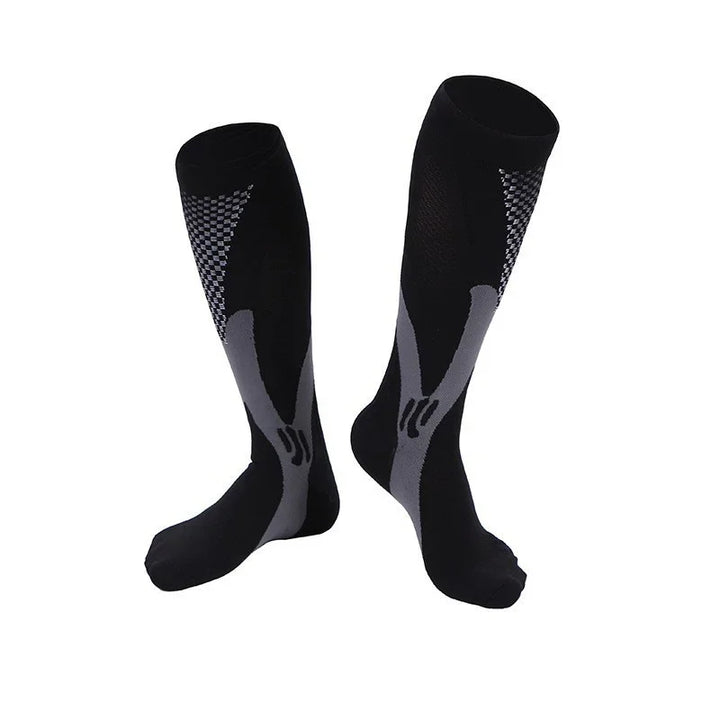 Pair of black and gray knee-high compression socks with patterned design