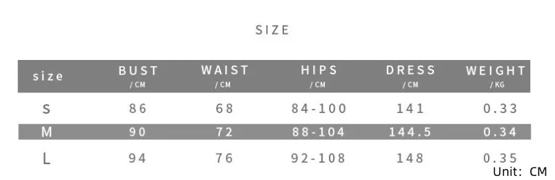 Clothing size chart displaying bust, waist, hips, dress length in cm, and weight in kg for sizes S, M, and L