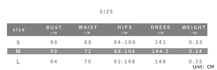 Clothing size chart displaying bust, waist, hips, dress length in cm, and weight in kg for sizes S, M, and L