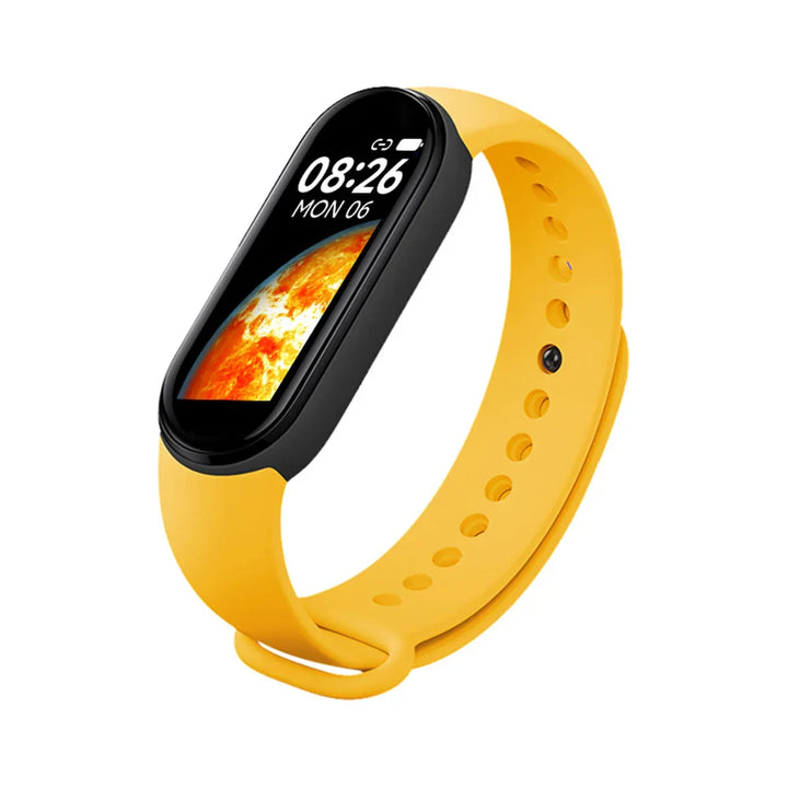 Yellow fitness tracker with digital display showing time 08:26 and date Monday 06