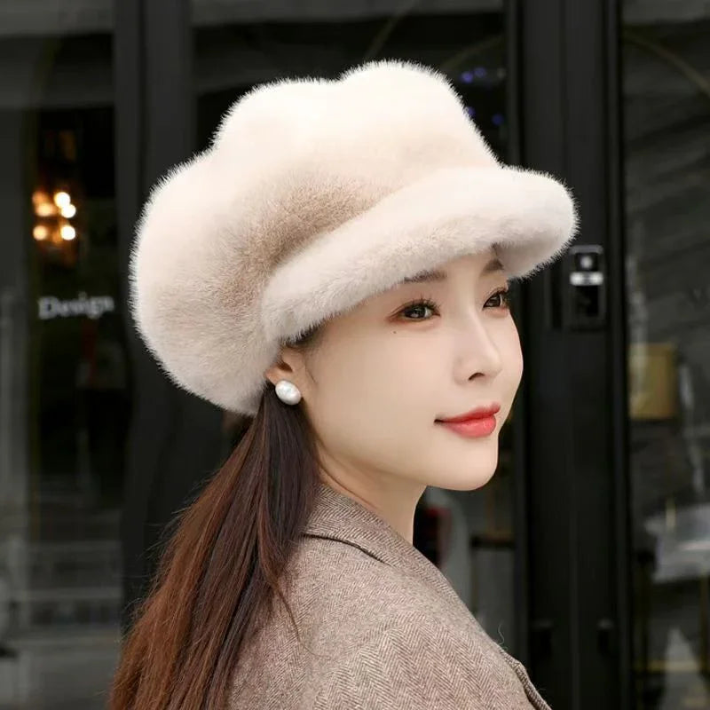 Woman wearing a soft beige faux fur beret hat and pearl earrings with brown coat outdoors