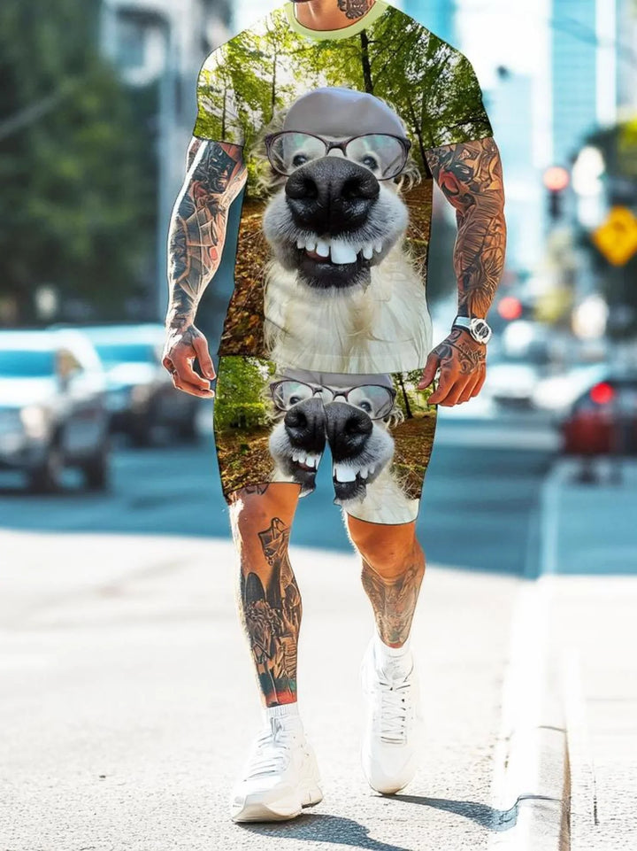 Man wearing matching streetwear outfit with large funny dog face print, tattoos, and white sneakers