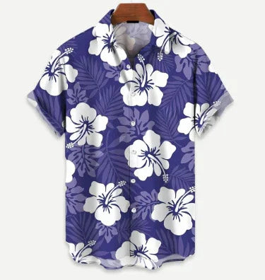 Purple Hawaiian shirt with white hibiscus flower and leaf print, short sleeves, button-down
