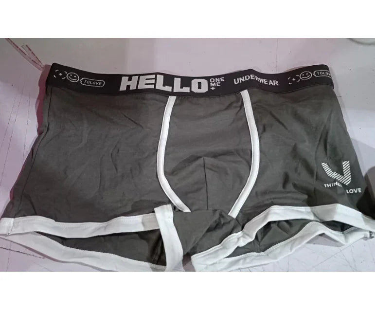 Gray men's boxer briefs with white trim and black waistband labeled Hello One Me Underwear