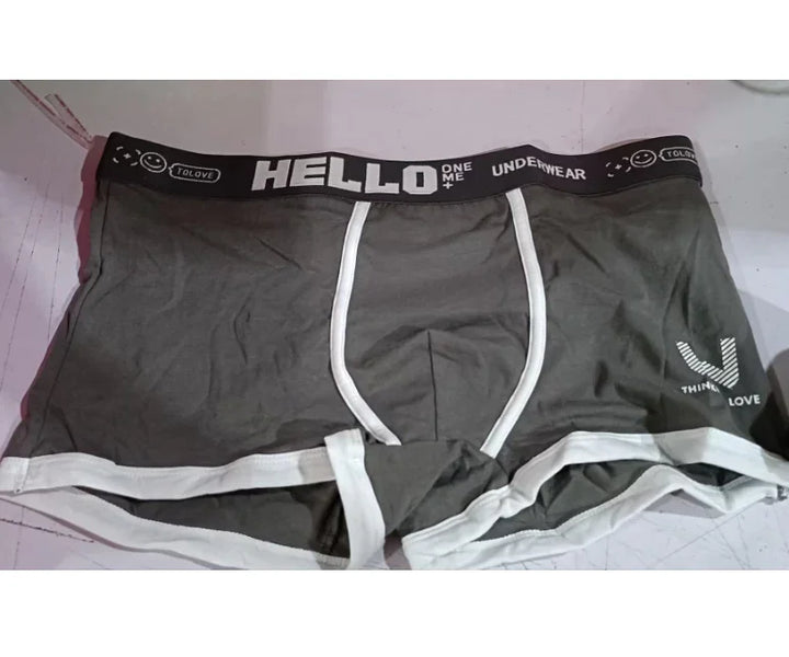 Gray men's boxer briefs with white trim and black waistband labeled Hello One Me Underwear
