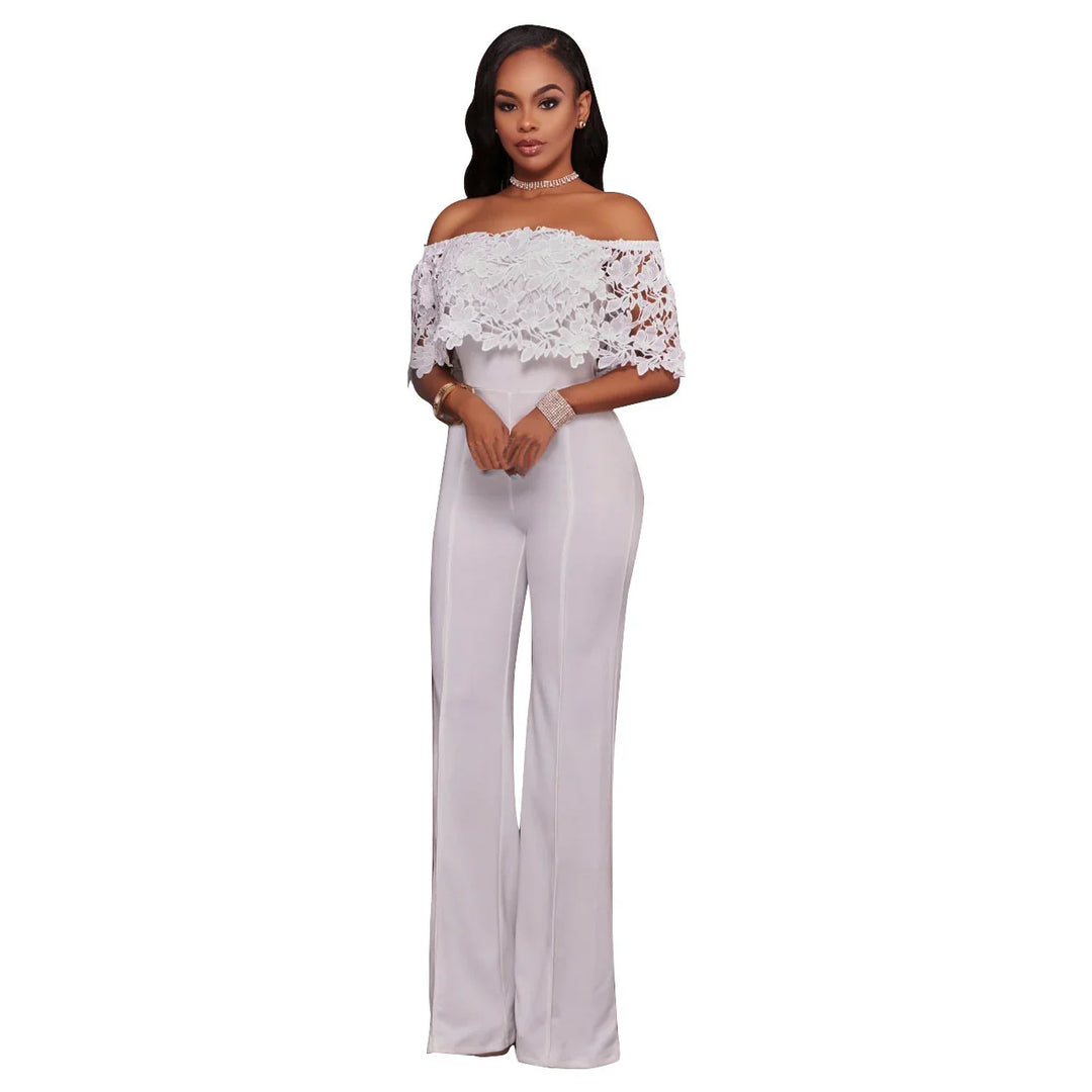 Elegant woman wearing white off-shoulder lace top jumpsuit with wide-leg pants