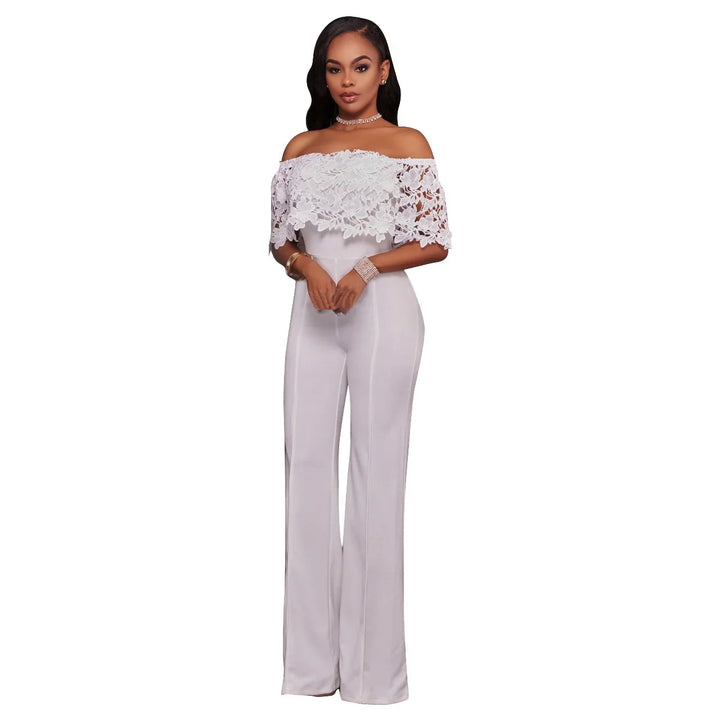 Elegant woman wearing white off-shoulder lace top jumpsuit with wide-leg pants