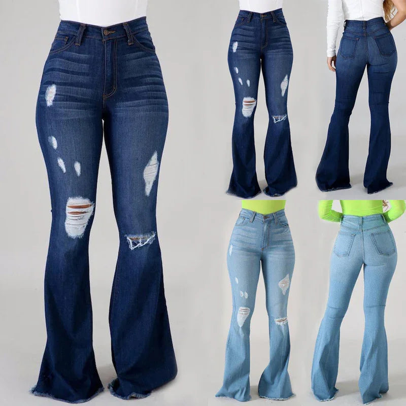 Front and back views of distressed high-waisted flare jeans in dark and light blue denim