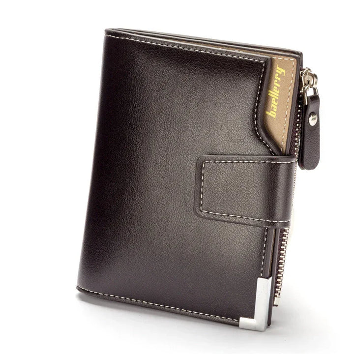 Brown leather wallet with zipper and snap closure, featuring metal corner and gold logo detail