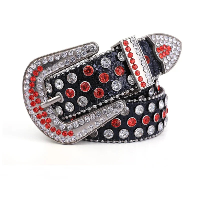 Black leather belt with silver buckle decorated with red and clear rhinestones