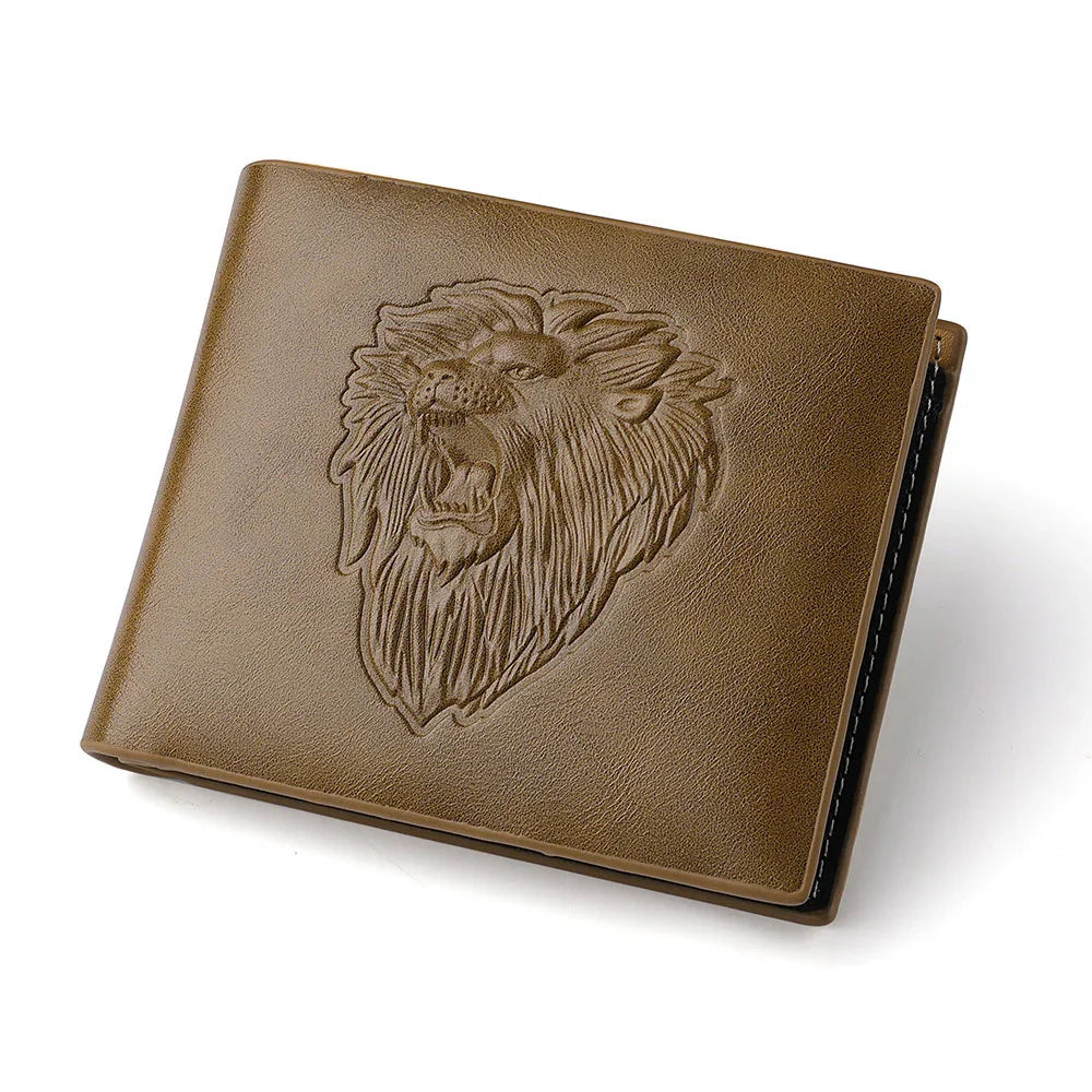 Brown leather wallet with embossed roaring lion head design on front