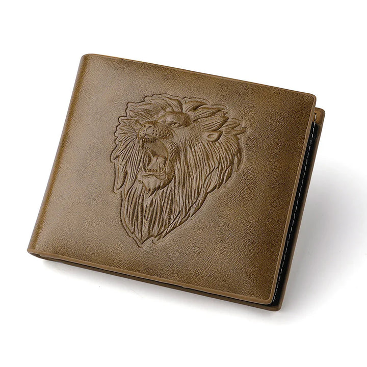 Brown leather wallet with embossed roaring lion head design on front