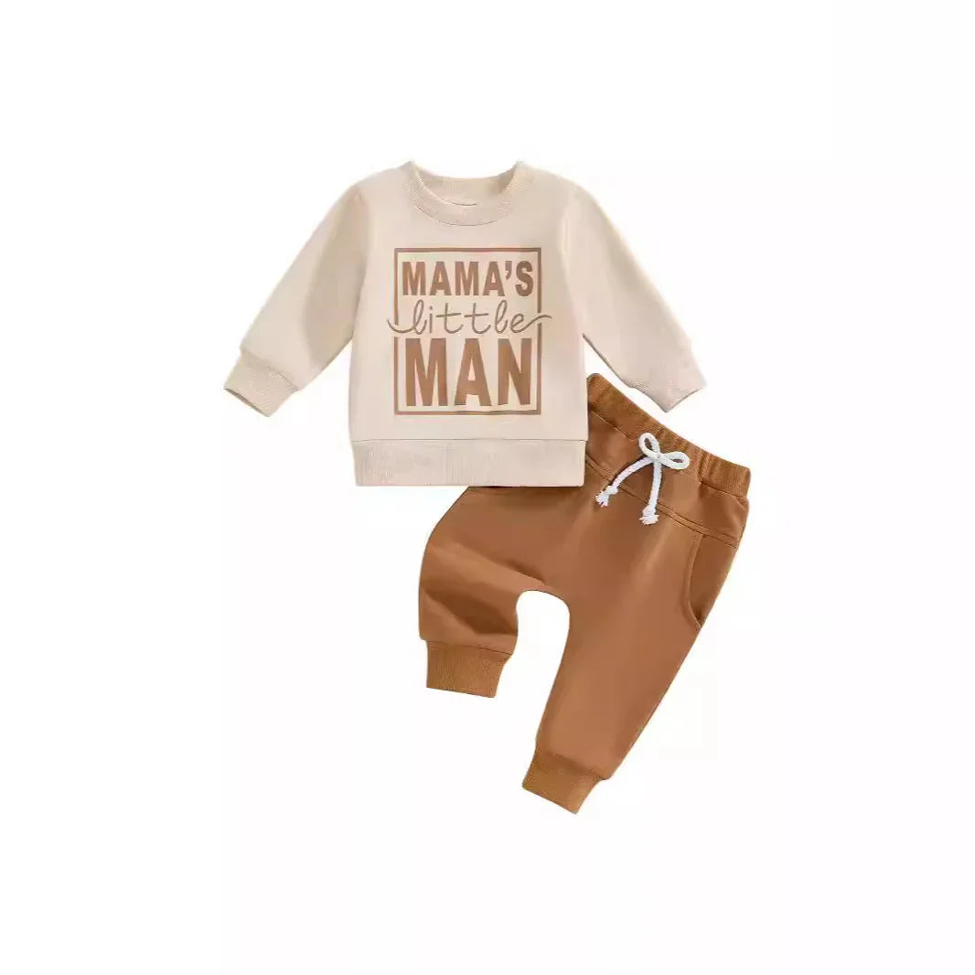Baby boy outfit with beige sweatshirt reading 'Mama's little man' and brown drawstring pants