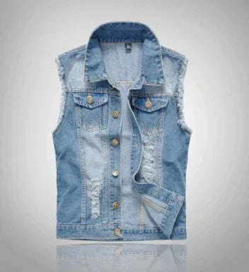 Light blue distressed sleeveless denim vest with button closure and frayed armholes