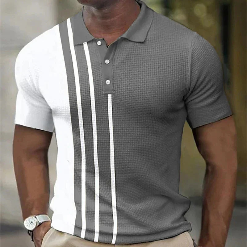 Men's short-sleeve polo shirt with gray and white color block and vertical stripes design