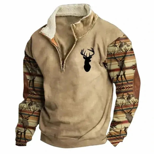 tan fleece pullover with quarter zip, deer head silhouette on chest, and patterned sleeves with deer and arrows