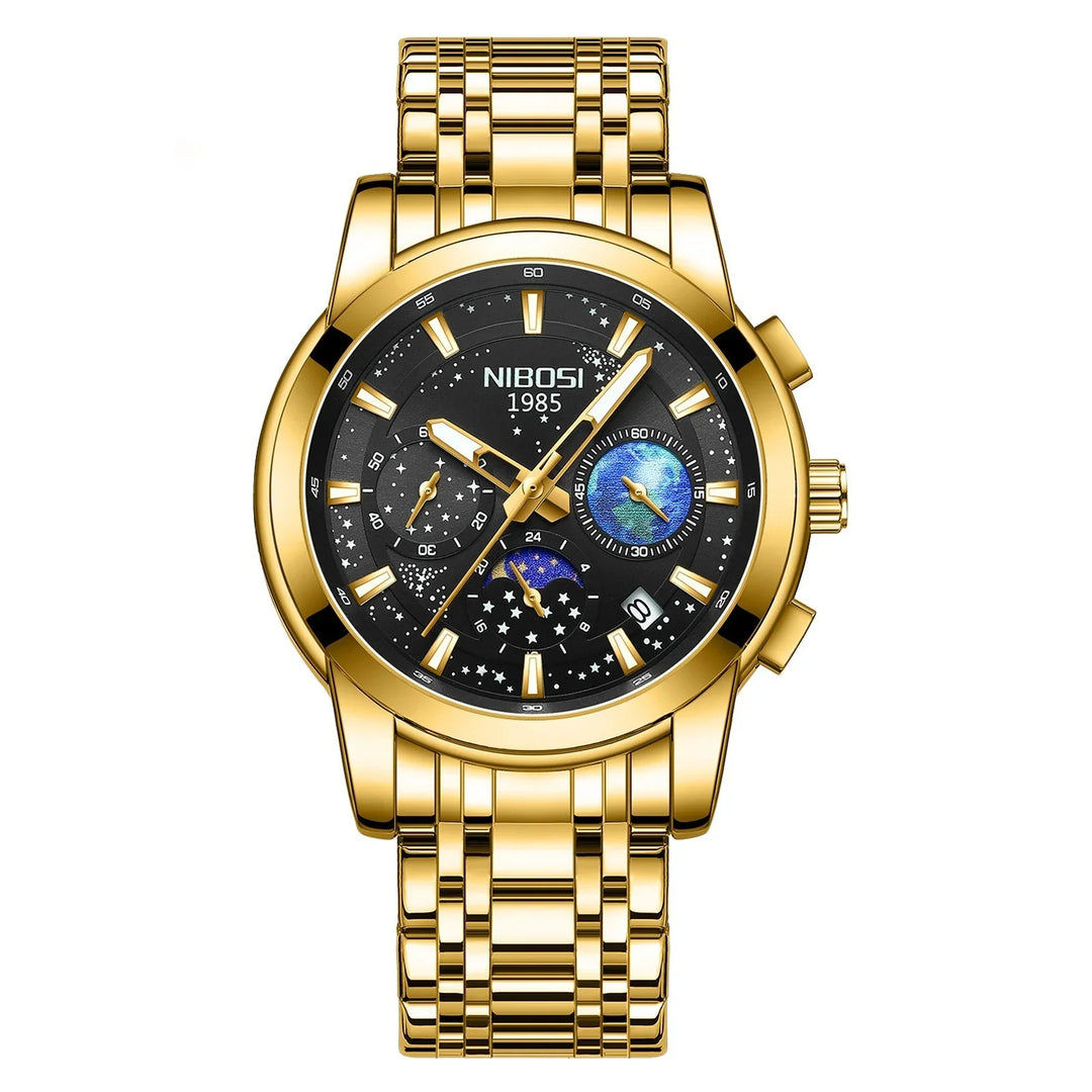 Nibosi 1985 gold wristwatch with black starry dial and blue celestial subdials