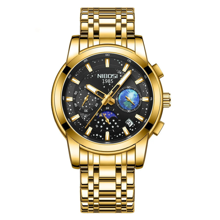 Nibosi 1985 gold wristwatch with black starry dial and blue celestial subdials
