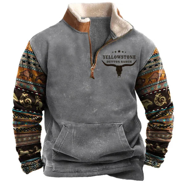 Gray Yellowstone Dutton Ranch fleece pullover with patterned southwestern-style long sleeves and sherpa collar