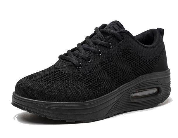 Black mesh sneaker with cushioned air sole, lace-up design, and textured outsole for comfort