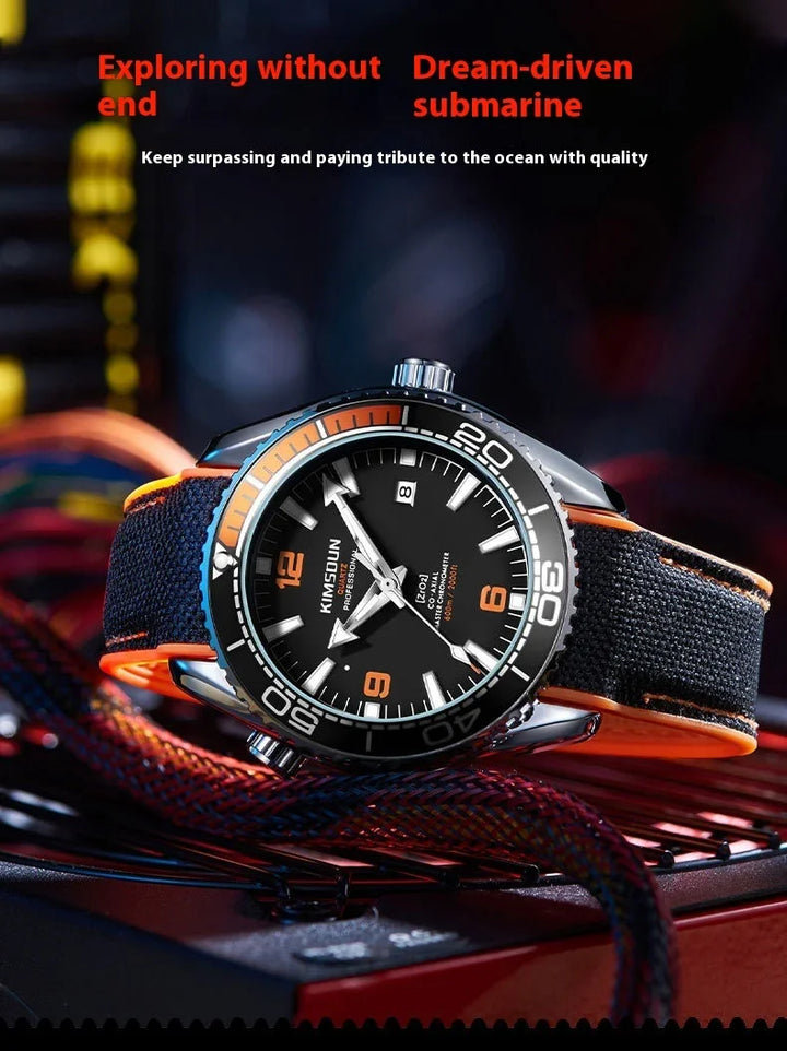 Kimsdun professional diving watch with black dial, orange accents, and fabric strap on dark background
