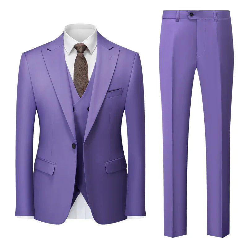 Elegant purple three-piece men's suit with jacket, vest, and trousers, styled with white shirt and brown patterned tie