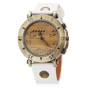 WoMaGe wristwatch with vintage sheet music dial, bronze-tone case, and white leather strap