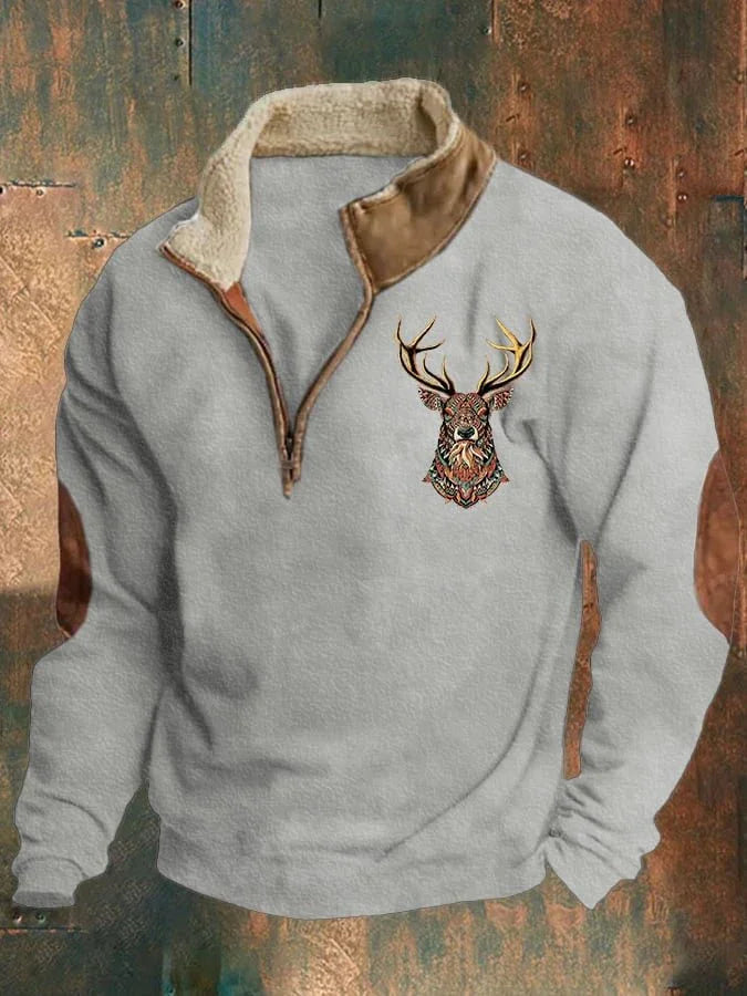 Gray fleece pullover with brown leather collar and elbow patches, featuring detailed colorful deer head embroidery on chest