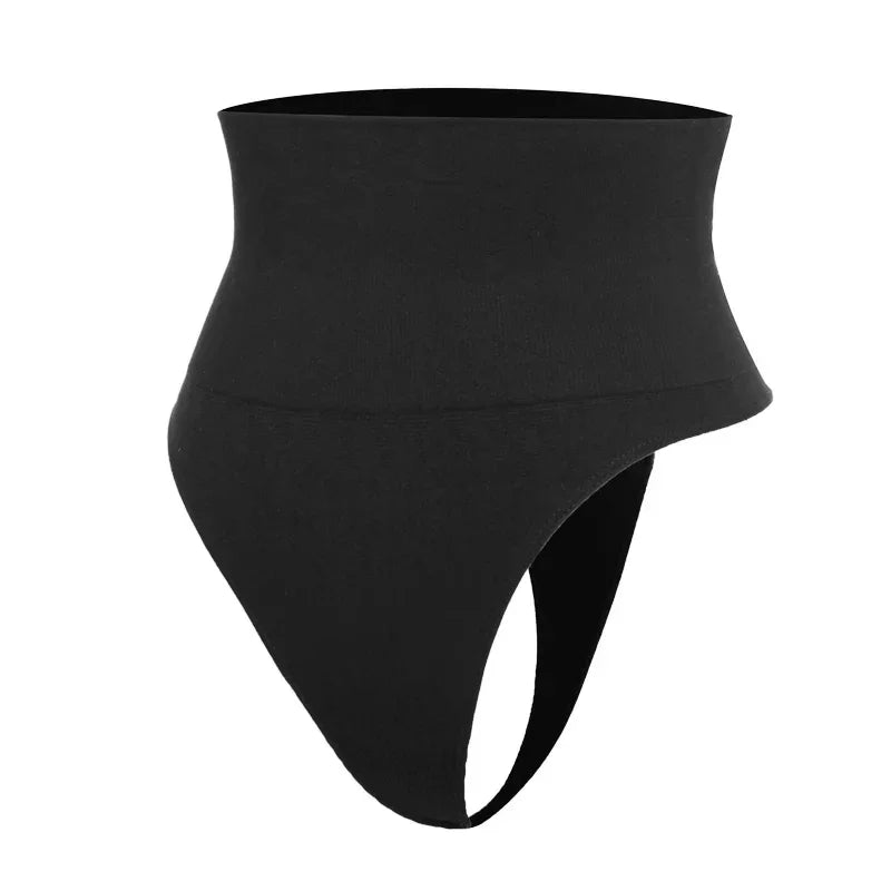 Black high-waisted seamless shapewear thong on white background