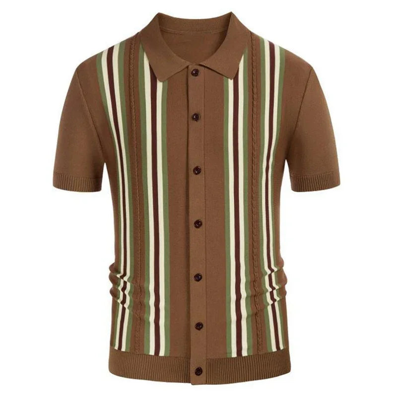 Brown short-sleeve button-up polo shirt with vertical green and white stripes