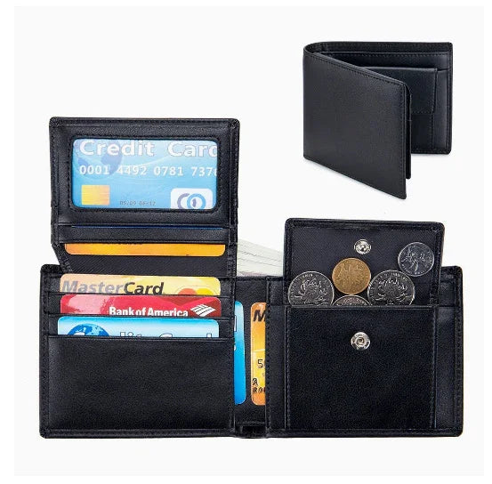 black leather men's bifold wallet with multiple credit card slots and a coin pocket with coins