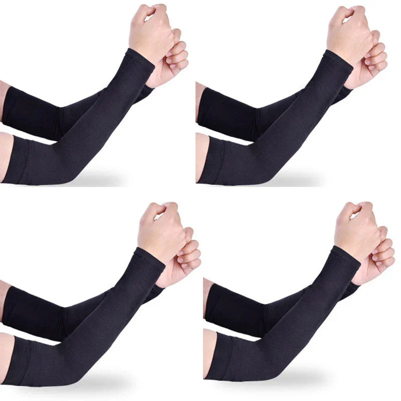 Four black arm sleeves worn on arms with fists clenched against a white background