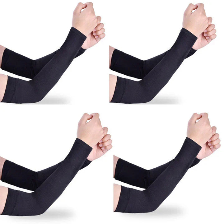 Four black arm sleeves worn on arms with fists clenched against a white background