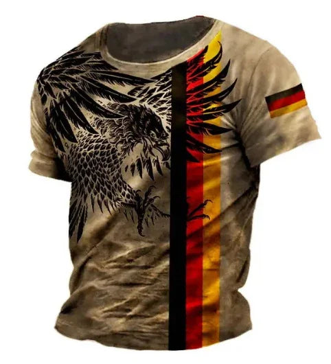 Beige t-shirt with black eagle graphic and vertical German flag stripes on front and sleeve