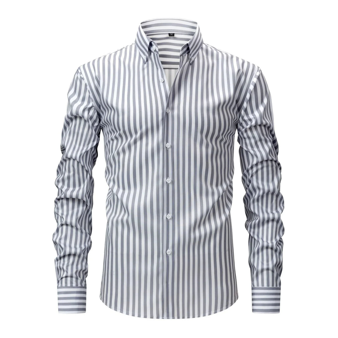 Men's striped dress shirt with vertical gray and white stripes, button-down collar, and long sleeves