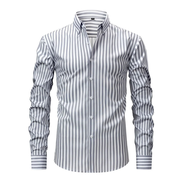 Men's striped dress shirt with vertical gray and white stripes, button-down collar, and long sleeves