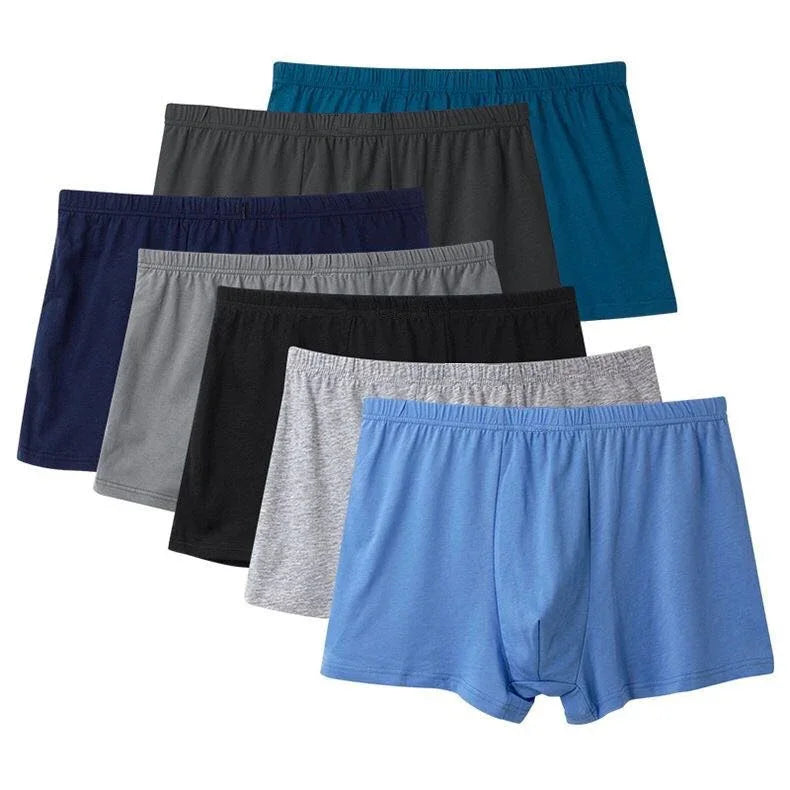 Set of seven men's boxer briefs in various colors including blue, gray, black, and navy
