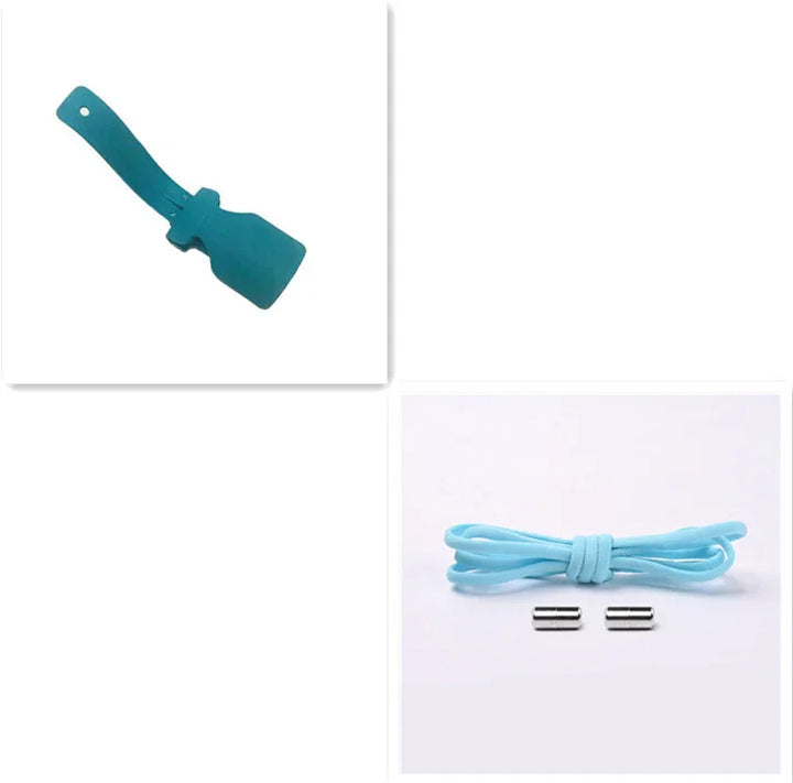 Blue silicone shoehorn, turquoise shoelace, and silver lace tips on white background
