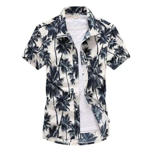 Men's short sleeve button-up shirt with black and white palm tree print over a white undershirt