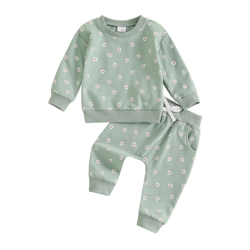 Baby outfit set with green long-sleeve top and pants, white daisy flower print, 3-6 months