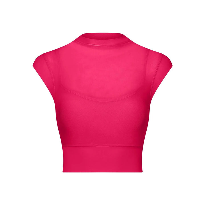 Bright pink women's sleeveless crop top with mock neck and mesh overlay detail