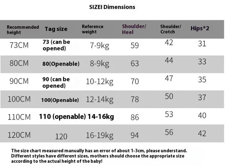 Baby clothing size chart showing recommended height, weight, and garment measurements in cm for sizes 73 to 120