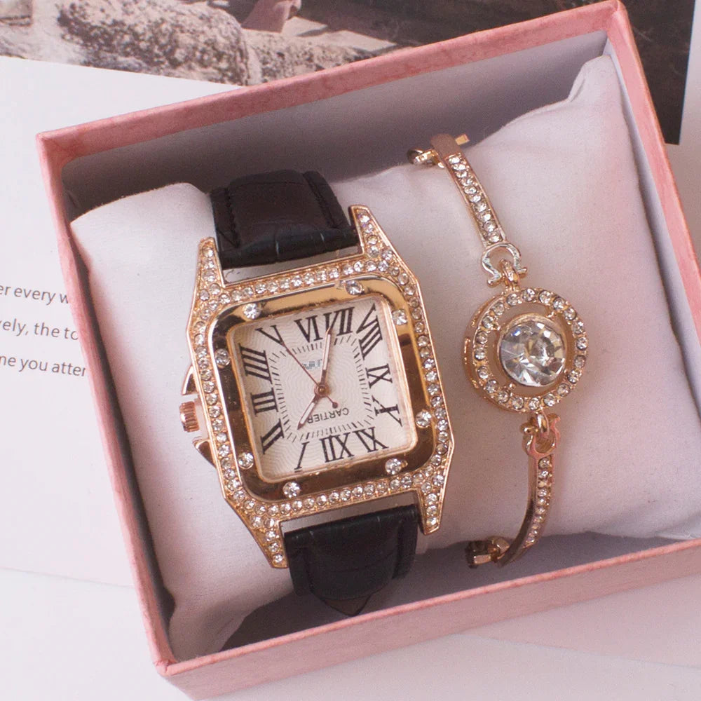 Luxury square gold watch with black leather strap and rhinestone bracelet in pink gift box