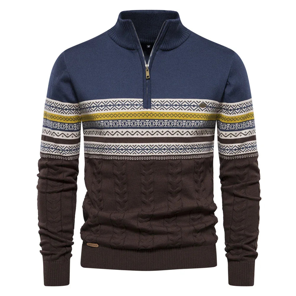 Men's half-zip sweater with navy blue, mustard yellow, white patterned stripe, and brown cable knit lower half